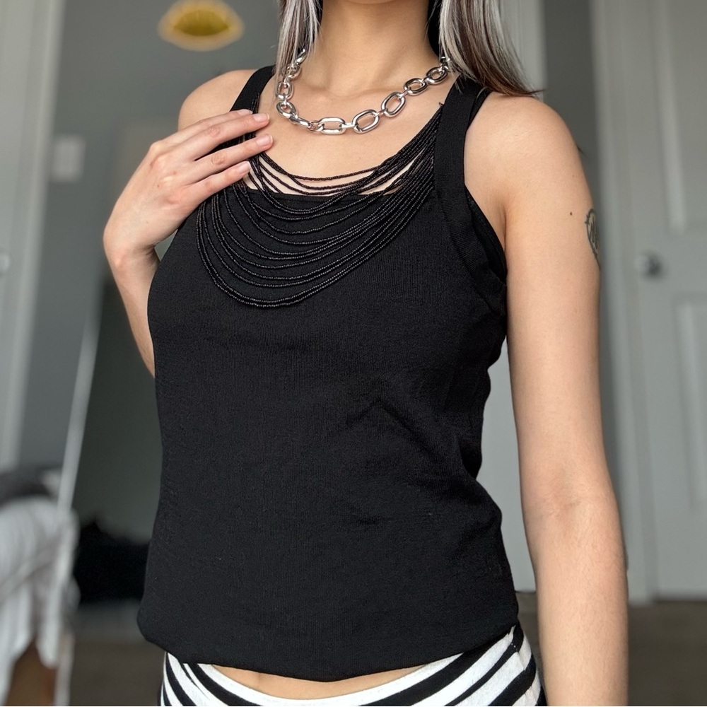 Vintage Cryus Black Boho Beaded Cowl Neck Halter Top
